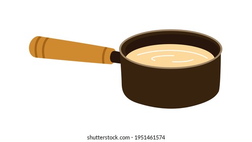 Cechamel de salsa blanca en una olla de cocina con mango. Vestido francés clásico. Salsa de queso cremoso. Ilustración vectorial dibujada a mano, aislada en fondo blanco.