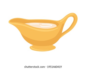 White sauce bechamel in a gravy boat. Classic french dressing. Creamy Cheese Sauce. Hand-drawn vector illustration, isolated on white background.