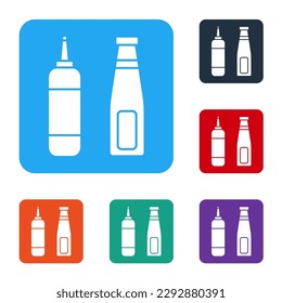 White Sauce bottle icon isolated on white background. Ketchup, mustard and mayonnaise bottles with sauce for fast food. Set icons in color square buttons. Vector Illustration