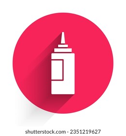 White Sauce bottle icon isolated with long shadow. Ketchup, mustard and mayonnaise bottles with sauce for fast food. Red circle button. Vector
