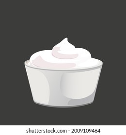 White sauce in bowl in cartoon style. Swirl condiment mousse in porcelain cup. Vector illustration.