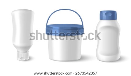 White sauce containers with package designs, bottle shapes and mockup presentations for condiment branding. Squeeze dispenser with ribbed cap, bucket jar with blue handle and curved packaging for food