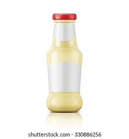 White sauce in glass bottle with red lid. Vector illustration. Packaging collection.