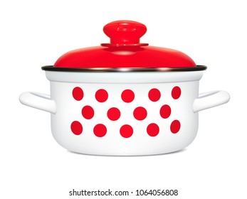 White saucepan with a pattern of red peas. cooking. Pan with a red lid, a metal rim and a soft shadow. Photorealistic image on white background. Isolated, vector illustration.