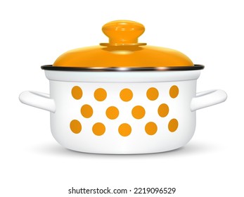 White saucepan with a pattern of yellow peas. cooking. With a yellow lid, a metal rim and a soft shadow. 3d realistic isolated white background. Isolated, vector illustration.