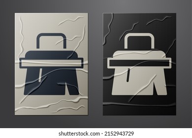 White Sauna brush icon isolated on crumpled paper background. Wooden brush with coarse bristles for washing in the bath. Anti cellulite massage. Paper art style. Vector