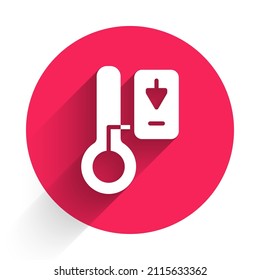 White Sauna thermometer icon isolated with long shadow background. Sauna and bath equipment. Red circle button. Vector