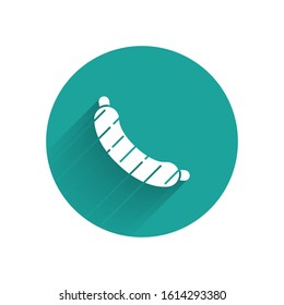 White Sausage icon isolated with long shadow. Grilled sausage and aroma sign. Green circle button. Vector Illustration