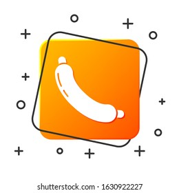 White Sausage icon isolated on white background. Grilled sausage and aroma sign. Orange square button. Vector Illustration