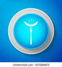 White Sausage on fork icon isolated on blue background. Circle blue button with white line. Vector Illustration