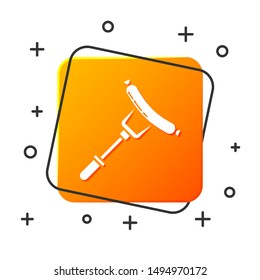 White Sausage on the fork icon isolated on white background. Grilled sausage and aroma sign. Orange square button. Vector Illustration