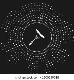 White Sausage on the fork icon isolated on grey background. Grilled sausage and aroma sign. Abstract circle random dots. Vector Illustration