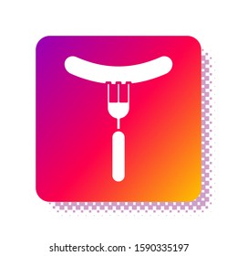 White Sausage on the fork icon isolated on white background. Grilled sausage and aroma sign. Square color button. Vector Illustration