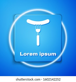 White Sausage on the fork icon isolated on blue background. Grilled sausage and aroma sign. Blue square button. Vector Illustration