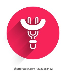 White Sausage on the fork icon isolated with long shadow. Grilled sausage and aroma sign. Red circle button. Vector