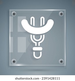 White Sausage on the fork icon isolated on grey background. Grilled sausage and aroma sign. Square glass panels. Vector