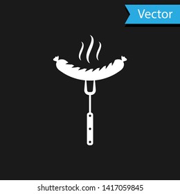 White Sausage on the fork with steam icon isolated on black background. Grilled sausage and aroma sign. Vector Illustration