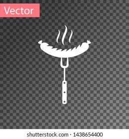 White Sausage on the fork with steam icon isolated on transparent background. Grilled sausage and aroma sign. Vector Illustration