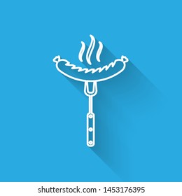 White Sausage on the fork with steam line icon isolated with long shadow. Grilled sausage and aroma sign. Vector Illustration