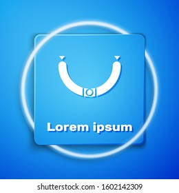 White Sausage with steam icon isolated on blue background. Grilled sausage and aroma sign. Blue square button. Vector Illustration