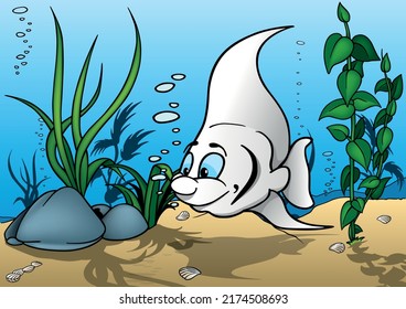 White Scalar Fish with Bubbles and Cast Shadow - Colored Cartoon Illustration with Background, Vector