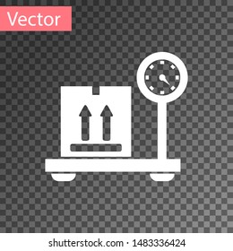 White Scale with cardboard box icon isolated on transparent background. Logistic and delivery. Weight of delivery package on a scale.  Vector Illustration
