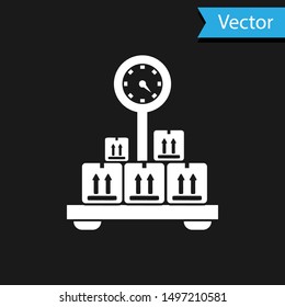 White Scale with cardboard box icon isolated on black background. Logistic and delivery. Weight of delivery package on a scale.  Vector Illustration