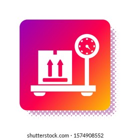 White Scale with cardboard box icon isolated on white background. Logistic and delivery. Weight of delivery package on a scale. Square color button. Vector Illustration