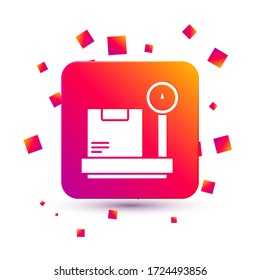 White Scale with cardboard box icon isolated on white background. Logistic and delivery. Weight of delivery package on a scale. Square color button. Vector Illustration