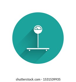White Scale icon isolated with long shadow. Logistic and delivery. Weight of delivery package on a scale. Green circle button. Vector Illustration
