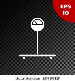 White Scale icon isolated on transparent dark background. Logistic and delivery. Weight of delivery package on a scale.  Vector Illustration