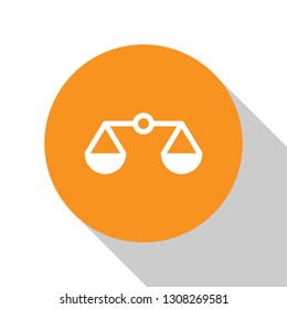 White Scales of justice icon isolated on white background. Court of law symbol. Balance scale sign. Orange circle button. Flat design. Vector Illustration