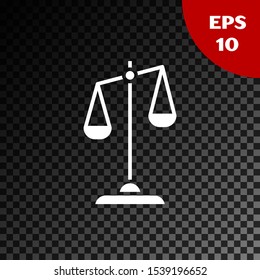 White Scales of justice icon isolated on transparent dark background. Court of law symbol. Balance scale sign.  Vector Illustration