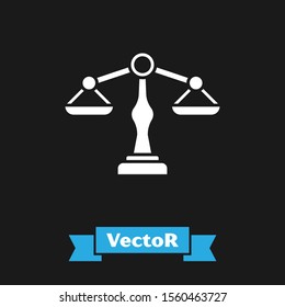 White Scales of justice icon isolated on black background. Court of law symbol. Balance scale sign.  Vector Illustration