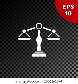 White Scales of justice icon isolated on transparent dark background. Court of law symbol. Balance scale sign.  Vector Illustration