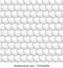 White scales. Realistic seamless vector pattern. White tile laid downwards. Abstract diagonal pattern with rounded convex elements. Repeated light texture for a strict design.
