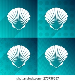 White scallop seashell on turquoise backgrounds long shadow
