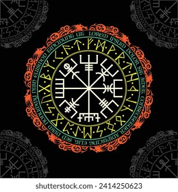 White Scandinavian runes circle with sample text and dragons abstract silhouettes isolated on black background