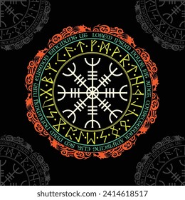 White Scandinavian runes circle with sample text and dragons abstract silhouettes isolated on black background