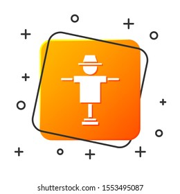 White Scarecrow icon isolated on white background. Orange square button. Vector Illustration