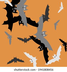 White Scary Attack Bats Vector Design Pic. Chaos Black Print Creepy Halloween Art Illustration. Light Orange Silver Grey Modern Style Background. Spooky Funny Retro Motion Flying Bats Art Pattern.