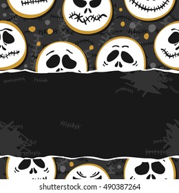 white scary faces Halloween seasonal pattern on dark background with dark torn paper horizontal place for your text