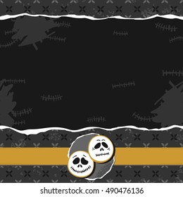 white scary faces on torn paper on retro patterned background seasonal autumn Halloween horizontal blank dark paper with place for your text