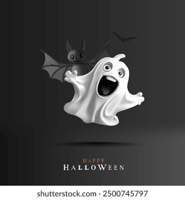 A white scary ghost and a bat, 3D. Black banner for advertising Halloween celebration, and promotional offers. Vector illustration