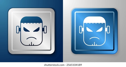 White Scary monster - Frankenstein face icon isolated on blue and grey background. Happy Halloween party. Silver and blue square button. Vector