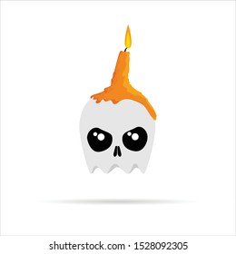 White scary skull with melted orange burning candles on Halloween. Vector illustration.