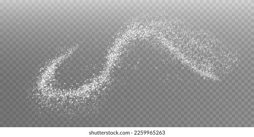 Esparcimiento blanco de pequeñas partículas de cristales de azúcar, sal voladora, vista superior de harina horneada. Polvo blanco, explosión de azúcar en polvo aislada sobre un fondo claro transparente. Ilustración vectorial.
