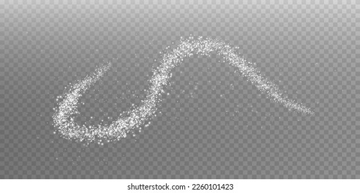 Esparcimiento blanco de pequeñas partículas de cristales de azúcar, sal voladora, vista superior de harina horneada. Polvo blanco, explosión de azúcar en polvo aislada sobre un fondo claro transparente. Ilustración vectorial.

