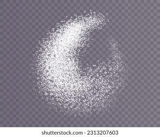 White scattering of small particles of sugar crystals, flying salt, top view of baking flour. White powder, powdered sugar explosion isolated on transparent light background. Vector illustration.