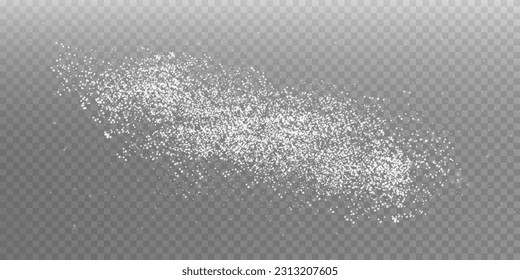 White scattering of small particles of sugar crystals, flying salt, top view of baking flour. White powder, powdered sugar explosion isolated on transparent light background. Vector illustration.